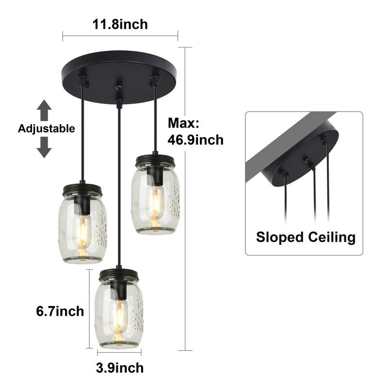 Starsky 3-Light Modern Farmhouse Adjustable Wire Abstract Ceiling Light Cluster Black Mason Jar Chandelier