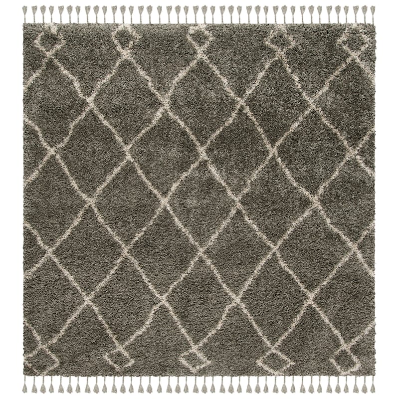 SAFAVIEH Moroccan Fringe Shag Blagorodna 2-inch Thick Rug - 6'7" Square - Grey/Cream