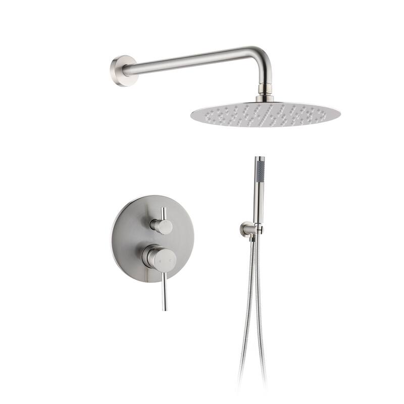 Wall Mounted Round Shower Combo Set with 10" Rain Shower head and Handheld Shower Head Set with Pressure Balancing Valve - Brushed Nickel