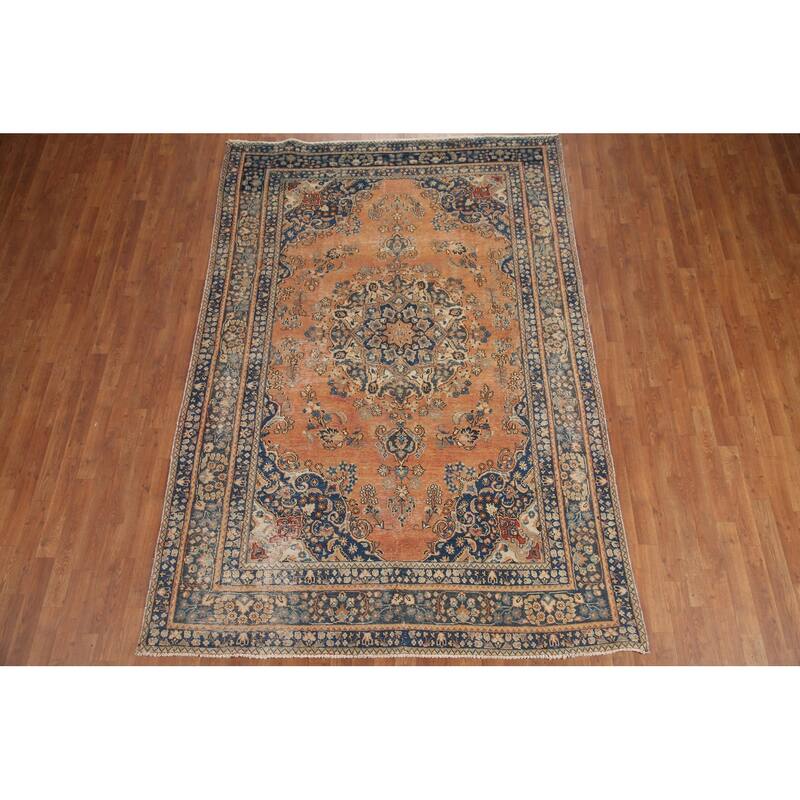 Hand Knotted Oriental 100% Wool Carpet Traditional Medallion Oranges & Rust Mashad Area Rug - 9' 4'' X 6' 4''