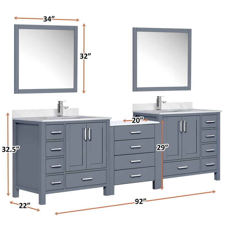 Coraline 92 in W x 22 in D Double Bath Vanity, Carrara Marble Top, and 34 in Mirrors