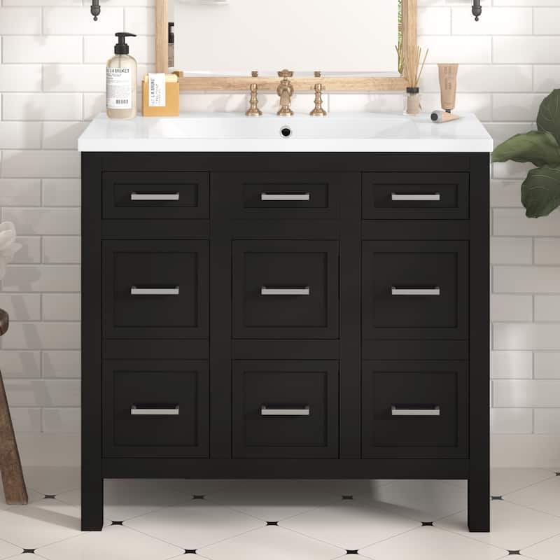 36 inch Freestanding Bathroom Vanity Set in White with Integrated Resin Sink