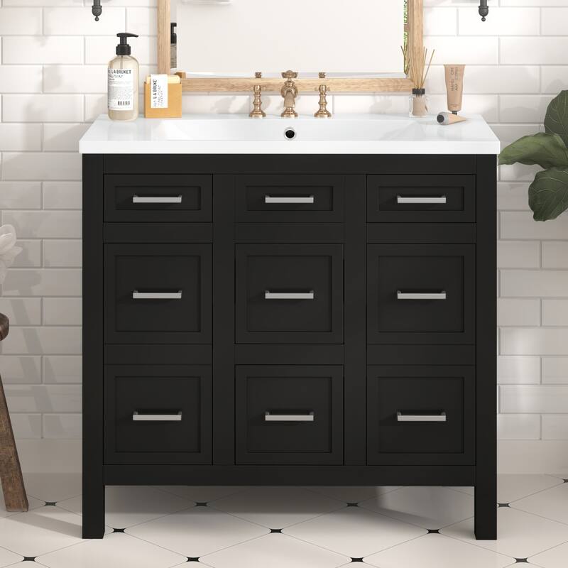 Bathroom Vanity Freestanding Cabinet with Resin Integrated Sink, 4 Drawers, 2 Cabinets, Solid Wood Frame and Adjustable Shelves