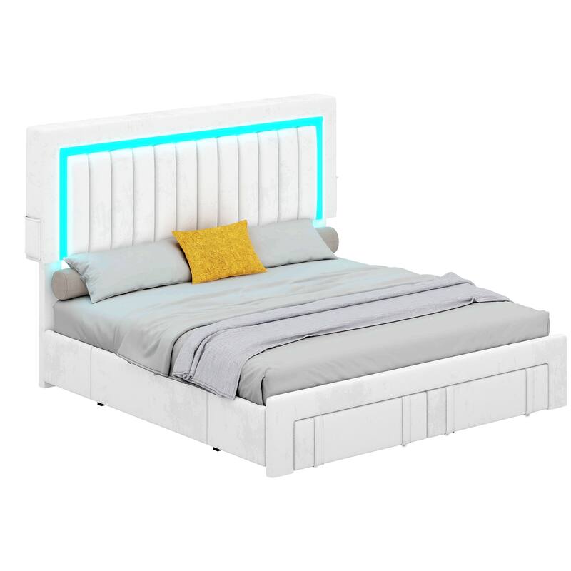 Moasis Velvet Upholstered Platform Bed, Bed Frame with Adjustable Headboard and 4 Storage Drawers