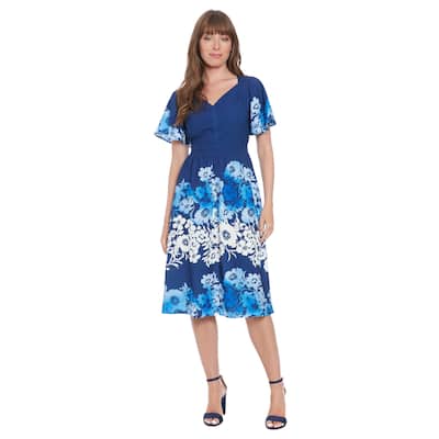 London Times Women's Flutter Sleeve V-Neck Smocked Waist Midi Dress