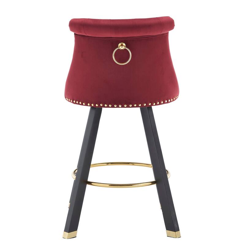 Versatile Velvet Tufted Bar Chairs Set of 2 Swivel Bar Stools with Back Pull Ring, Rivet Decoration and Wooden Square Foot