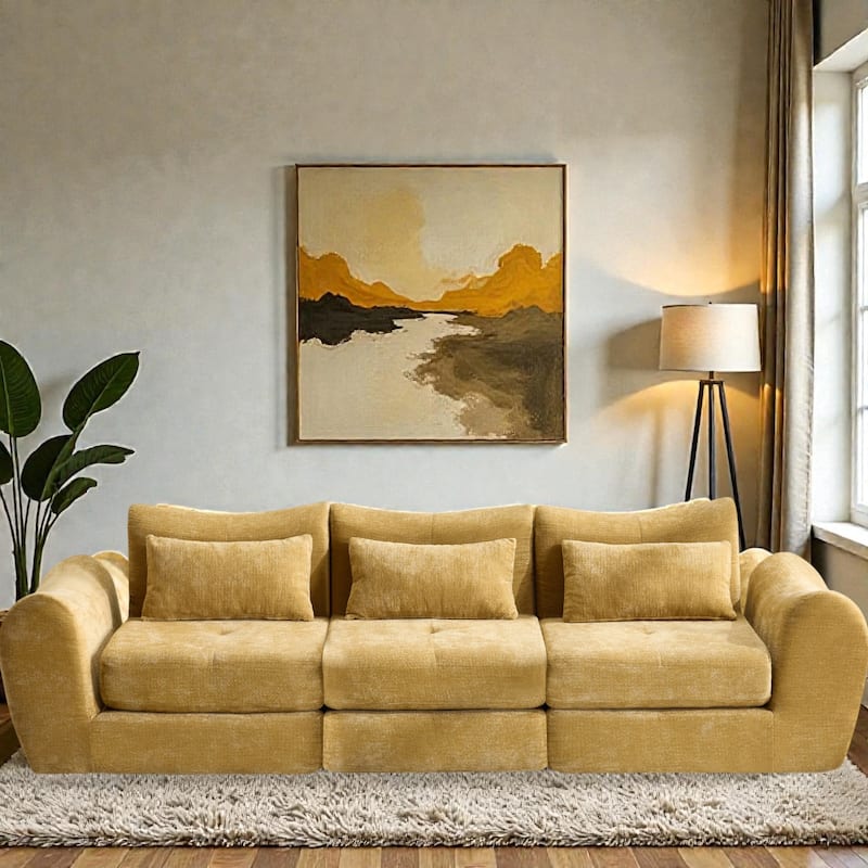 Modular Cloud Sofa, Convertible Folding Sofa Bed, 3-Seat Cushioned Sectional Couch for Living Room Bedroom - Yellow