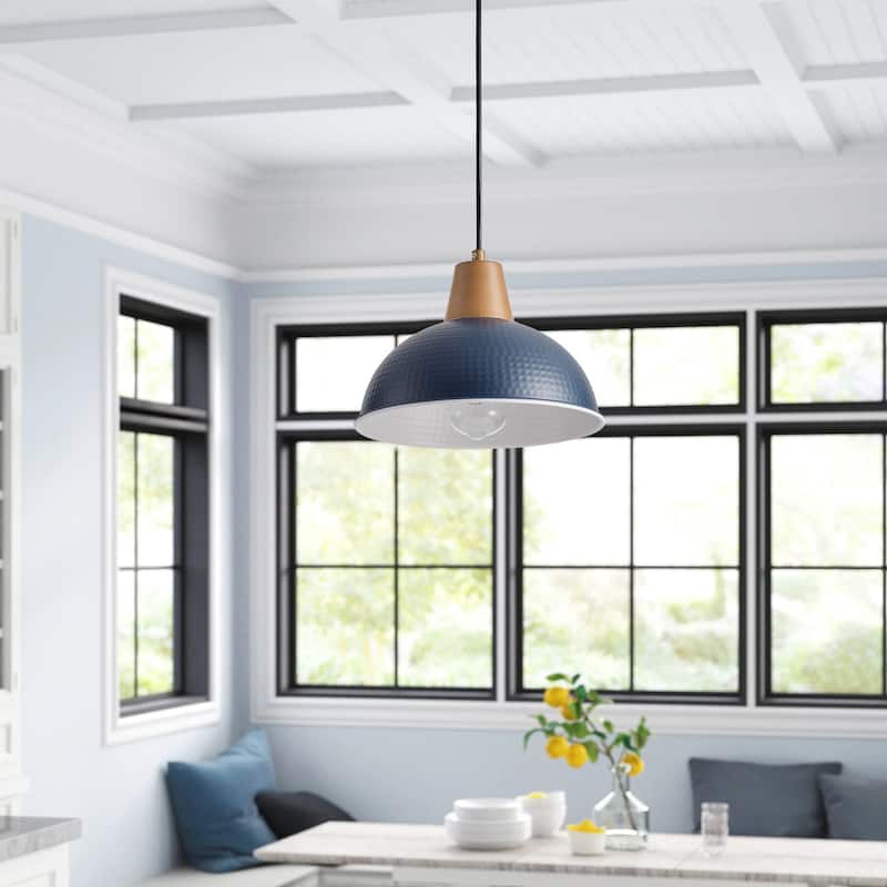 Industrial Farmhouse Pendant Light Fixture with Metal Shade and Faux Wood Grain Design