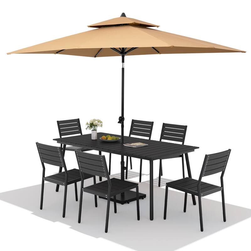 9PC Outdoor Patio Dining Set Aluminum Table with Stackable Chairs w/ Premium Market Umbrella Sets