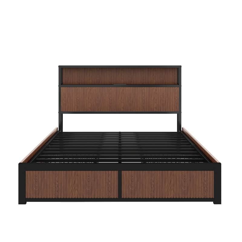Wooden Platform Bed Frame with Multiple Drawer Storage Function, Bedside Socket
