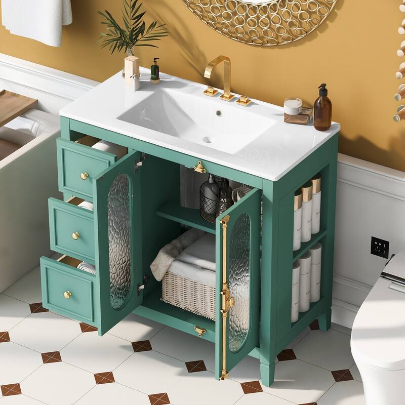 36" Single Sink Bathroom Vanity, Translucent Patterned Glass Doors Bathroom Storage Cabinet with 3 Drawers