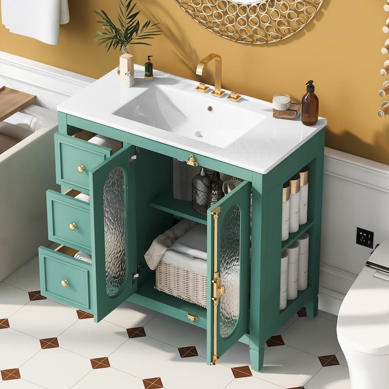 Lake Green Storage Cabinet Bathroom Vanity with Side Shelves, Translucent Glass Doors, Delicate Golden Handle and Knobs