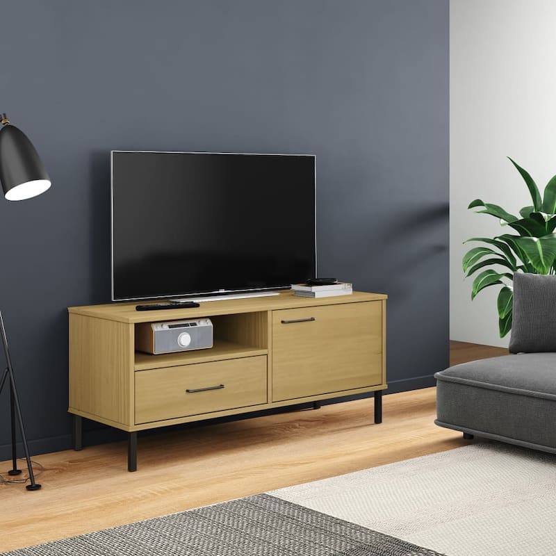 vidaXL TV Stand TV Console TV Console with Metal Legs Solid Wood Pine OSLO - 41.7" x 15.7" x 18.3" - Brown