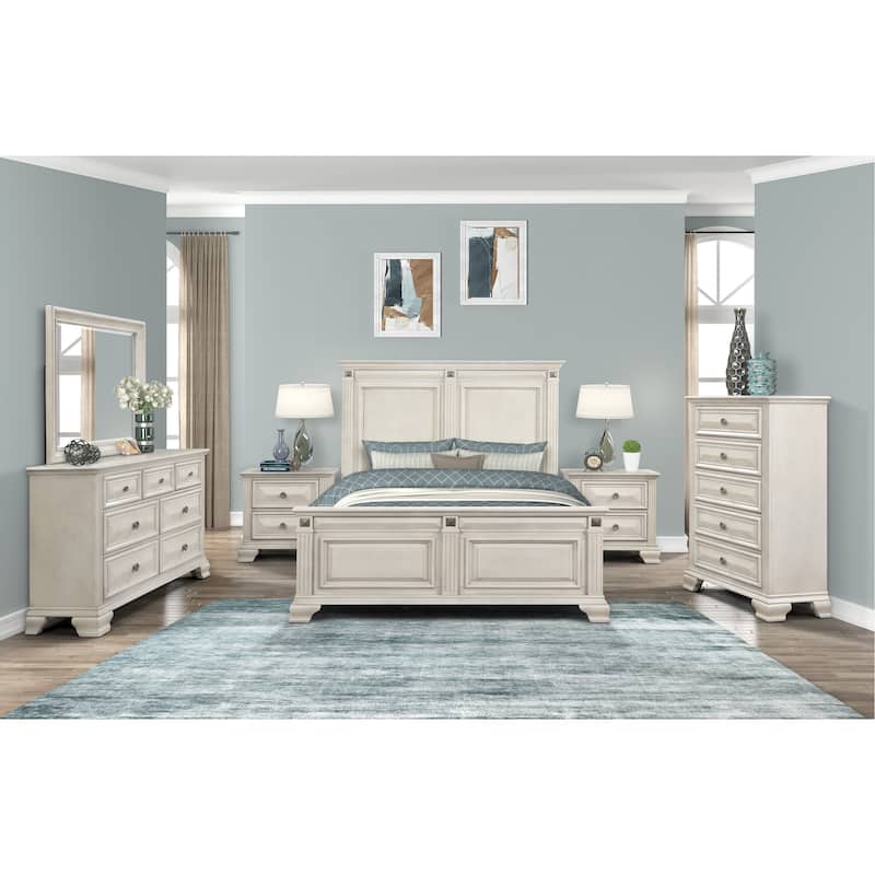 Roundhill Furniture Renova Distressed Parchment Wood Bedroom Set - Queen
