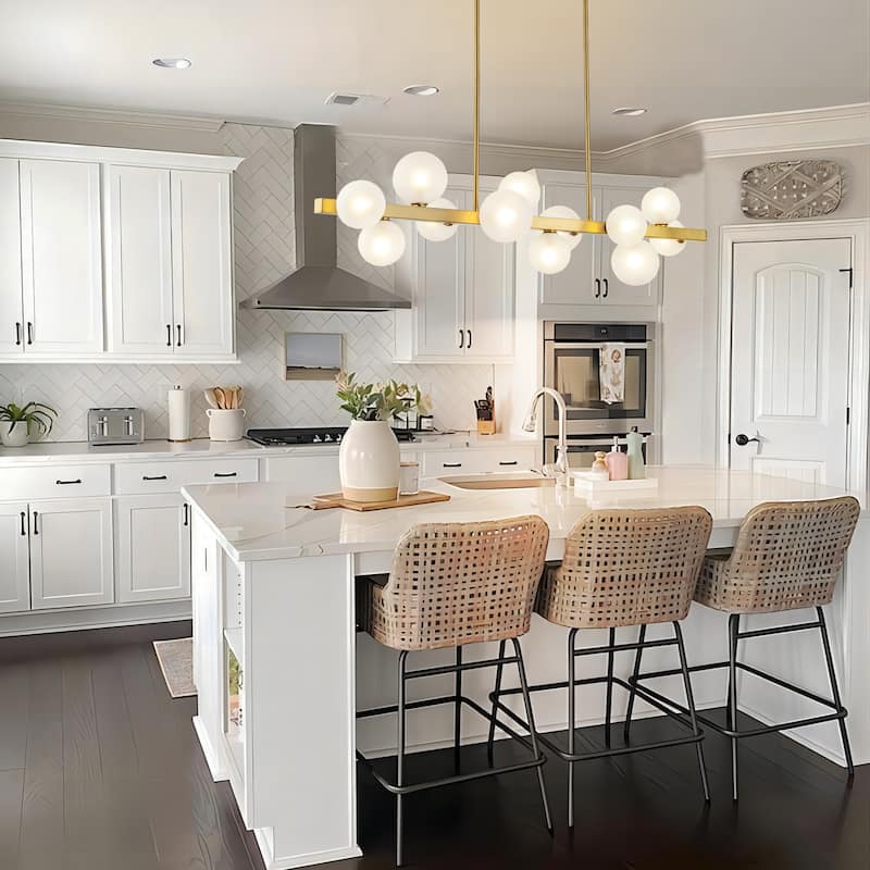 12-Light Modern Gold Linear Sputnik Cluster Pendant Light Frosted Glass Globe Bubble Chandelier for Kitchen Island