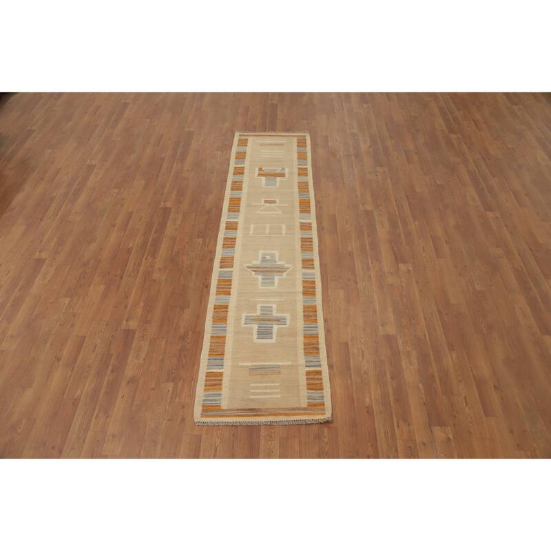 Hand Woven Oriental 100% Wool Carpet Southwestern Tribal Beige & Ivories Kilim Runner Rug - 8' 0'' X 2' 0''