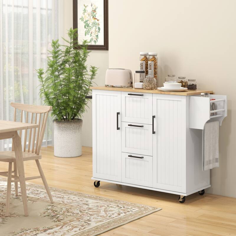 Kitchen Island with Drop Leaf, Rolling Kitchen cart on Wheels with 3 Drawers, 2 Cabinets, Natural Wood Top - White