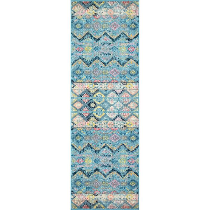 Noori Rug Sapphire Gearldine Distressed Boho Pattern Area Rug - 2'8" x 8'0" Runner - Blue/Pink