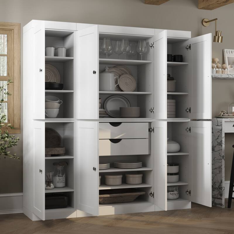 Palace Imports 100% Solid Wood 65" Pantry Cabinet with Shaker Doors, 2-Drawers and Adjustable Shelves - White