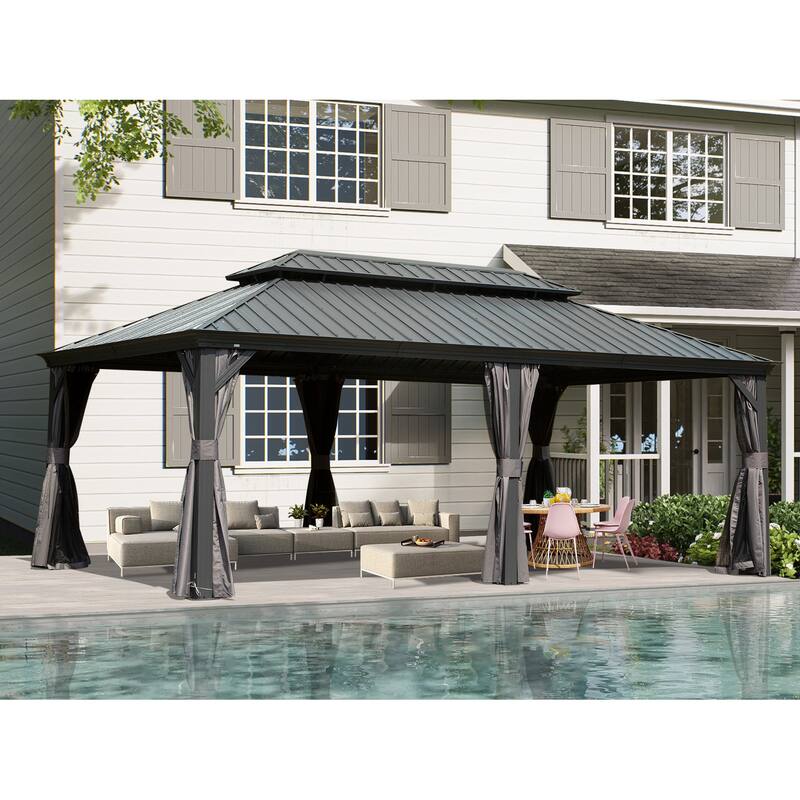 14' X 20' Hardtop Gazebo with Double Roof, Aluminum Frame, Curtains, and Netting for Outdoor Spaces