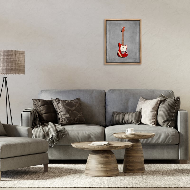 Stupell Red Guitar on Grey Framed Floater Canvas Wall Art Design By Mark Rogan