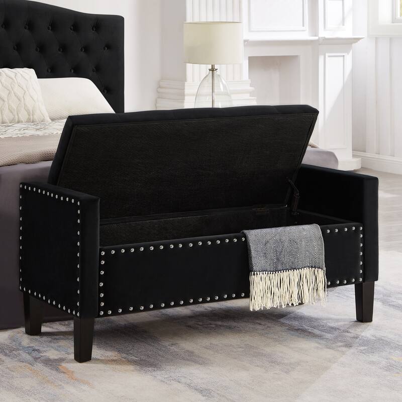 Upholstered Tufted Button Storage Bench with nails trim,Entryway Living Room Soft Padded Seat