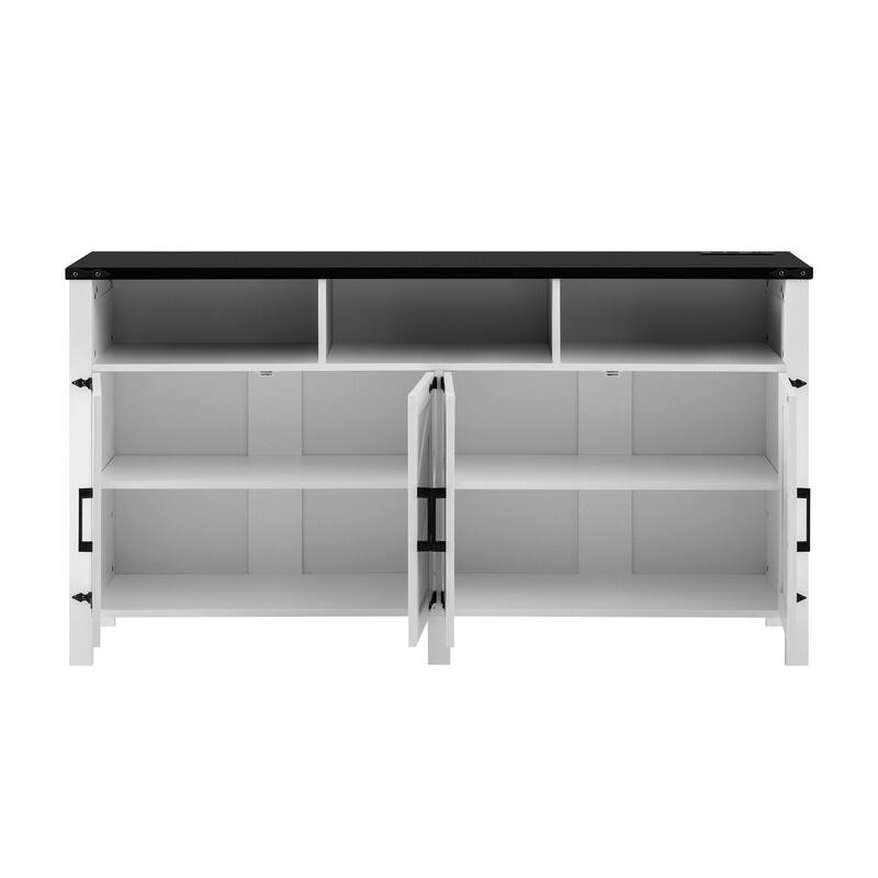 Modern 4-Door Sideboard Buffet with Power Outlets Adjustable Shelves and Half-Open Storage Design