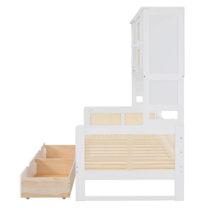 L-Shape Twin Size Daybed with Storage Cabinet and 2 Drawers, Bedroom Storage Bed Frame with Bookshelf, Wood Slats Support