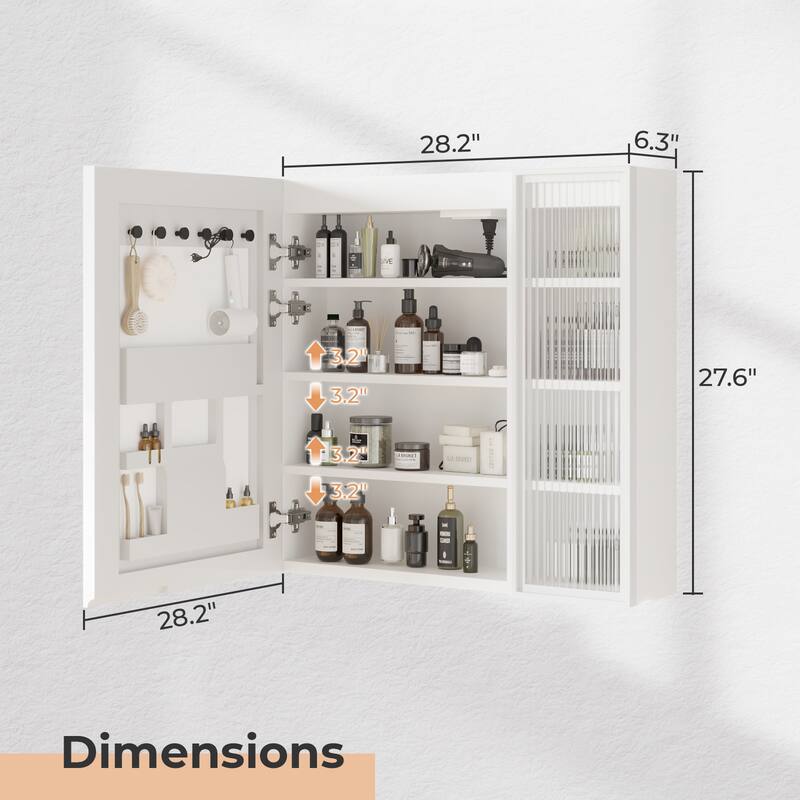 White MDF Bathroom Wall Cabinet with Glass Doors, LED, USB and Shelves - 28.2” L x 6.3” W x 27.6” H
