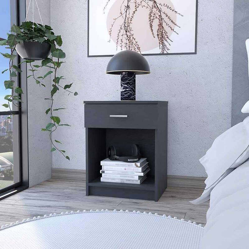 Modern Nightstand with Drawer and Shelf, Light Gray Finish, Durable Manufactured Wood, 21.73" Tall