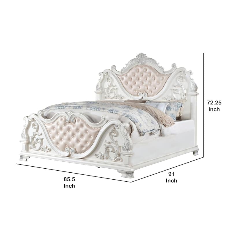 Prio King Bed with Carved Details, White Button Tufted Faux Leather
