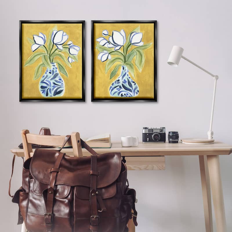 Stupell Tulip Vases on Yellow Framed Floater Canvas Wall Art Design By June Erica Vess (Set of 2)