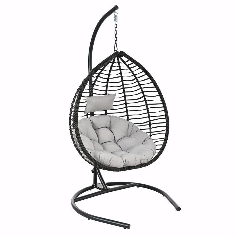 Indoor Outdoor Hanging Hammock Chair with Stand, Foldable Rattan Egg Swing Chair with Cushion & Headrest