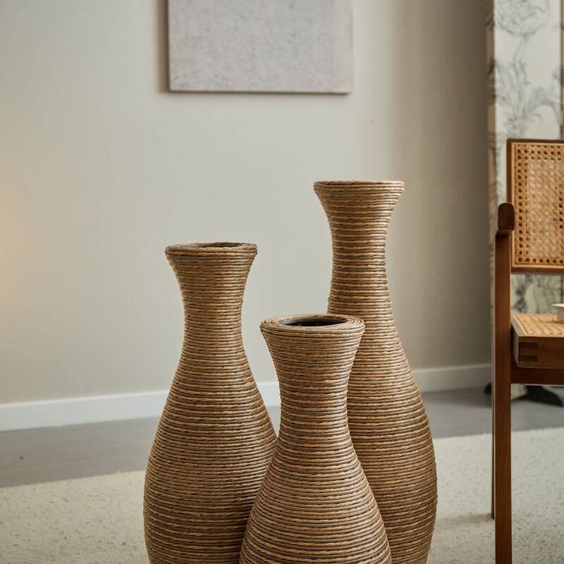 3-Piece Artificial Rattan Floor Vase - For Living Room Decoration, Entrance Or Hallway - For Dry Or Silk Flower Arrangements