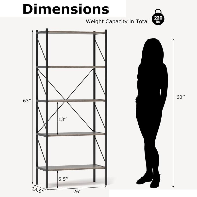 1/2 PCS 5-Tier Bookshelf 63" Tall Bookcase with Open Shelves