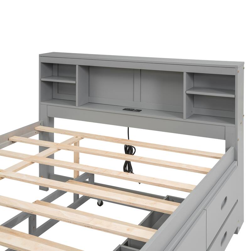 Full Platform Bed with Storage Headboard, USB Charging Port, Twin Trundle, and 3 Drawers - Space-Saving Design