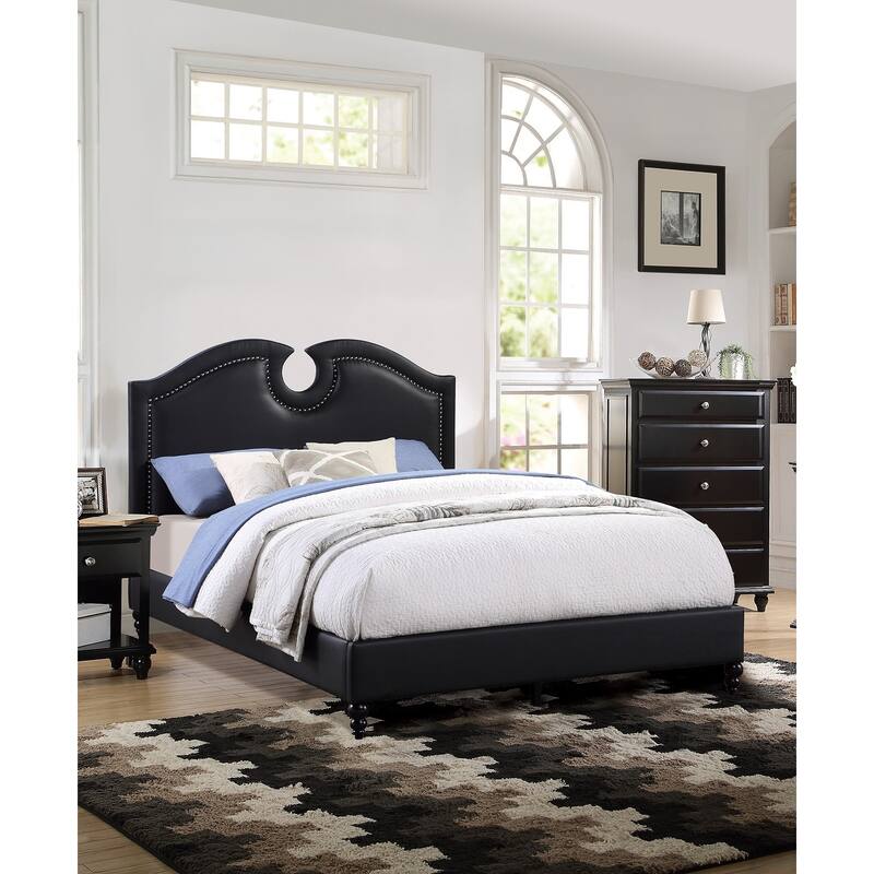 Black Faux Leather Unique Design Headboard 1pc Queen Size Bed Bedroom Furniture Nailhead Upholstered Modern Bedframe