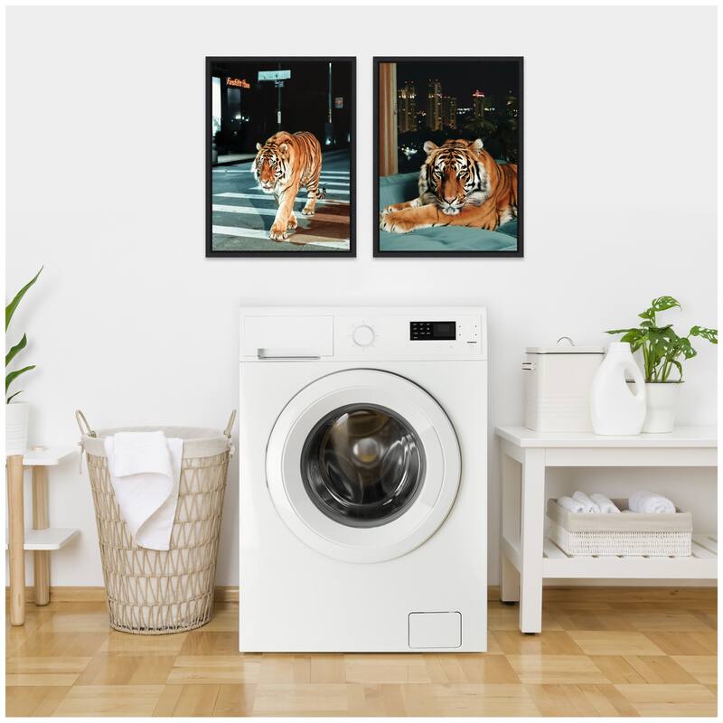 Kate and Laurel Sylvie Tiger in the City at Night Framed Canvas Art Set by Michael Schauer