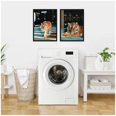 Kate and Laurel Sylvie Tiger in the City at Night Framed Canvas Art Set by Michael Schauer
