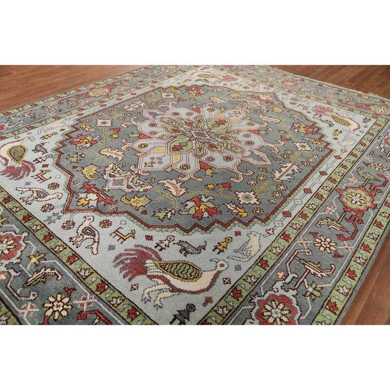 Animals Design Heriz Serapi Indian Area Rug Hand-Knotted Wool Carpet - 7'11" x 9'11"