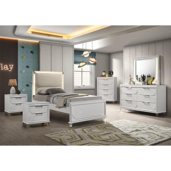 slide 2 of 12, Furniture of America Drima Modern 6-Piece Pearl White Solid Wood Kids Platform Bedroom Set with LED Full