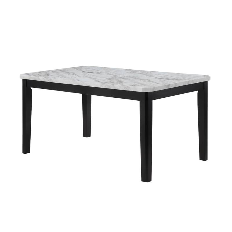 Pazy Dining Table, 64 Inch White Faux Marble Top, Black Tapered Legs