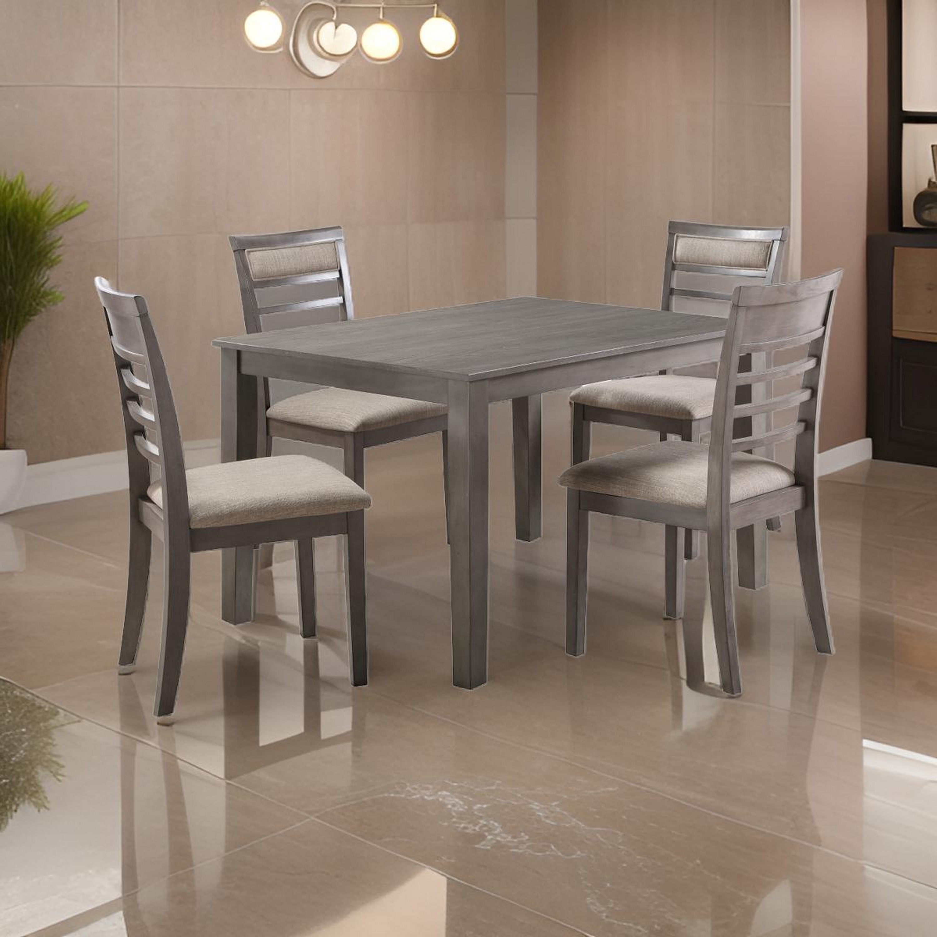 Benjara Owen 5 Piece Dining Set with Table and 4 Chairs, Brown Polyester, Gray Wood