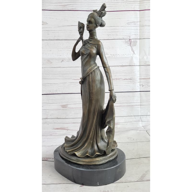 Masquerade Ball Art Deco Bronze Statue Sculpture Figure Holding Mask 14 Inches X 7 Inches