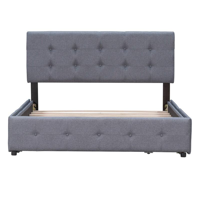 Queen Upholstered Bed Frame with 4 Drawers, Linen Fabric Platform Storage Bed with Classic Headboard and Wooden Slats Support