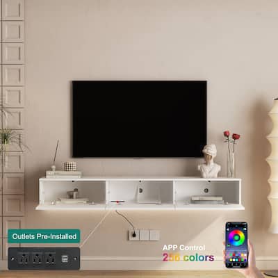 Floating TV Stand Wall Mounted with 16 Color LEDs, Floating Storage Cabinet Entertainment Center with Cable Management