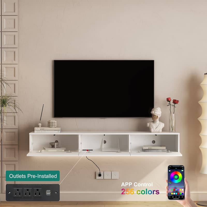 Modern Floating Wall-Mounted TV Cabinet, for 55, 60, and 65 Inch TVs, with 16-Color LED Lighting, for Living Rooms, White