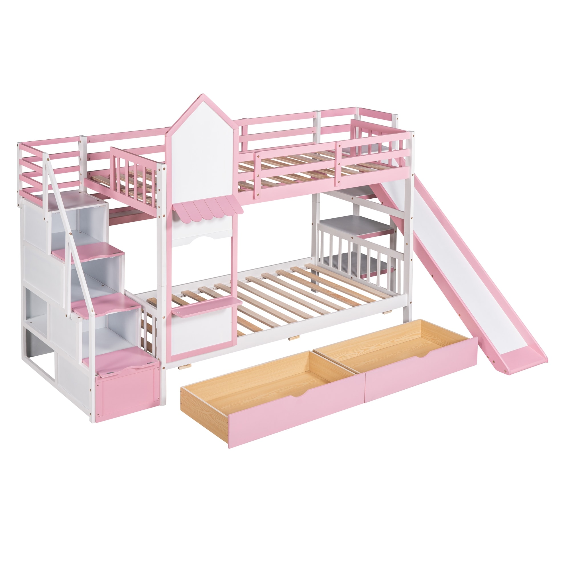 Twin Over Twin Castle Style Bunk Bed with 2 Drawers 3 Shelves