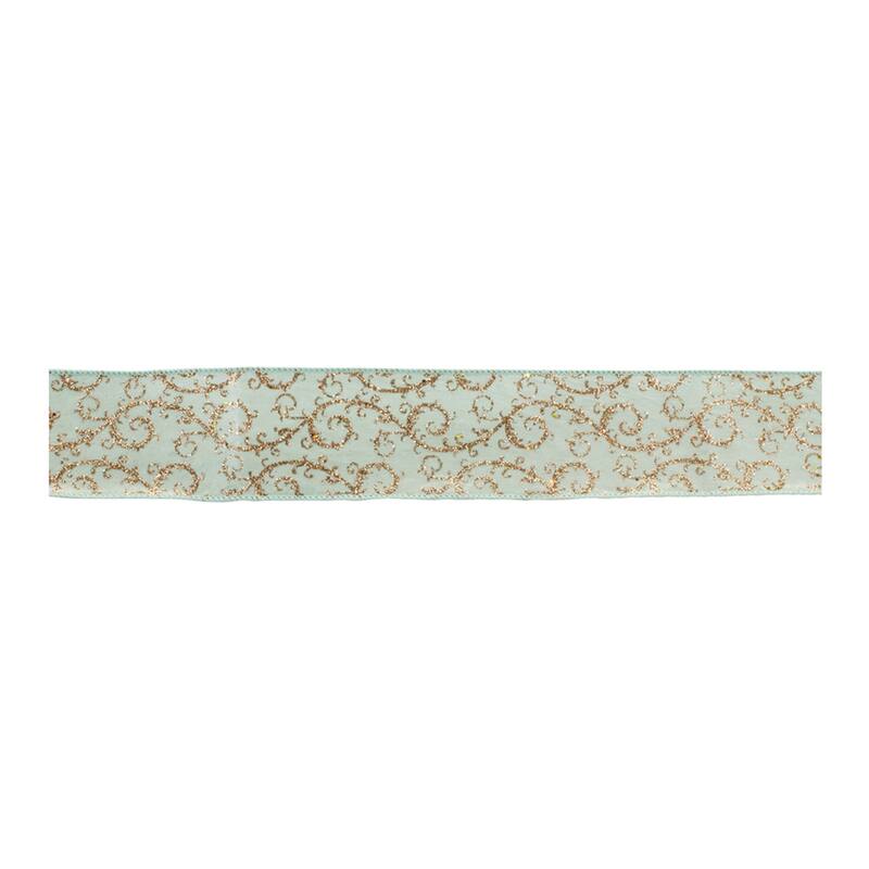 10 Yards Green Nylon Polyester Wired Holiday Ribbon with Gold Vine Pattern for Craft Projects and Seasonal Decor