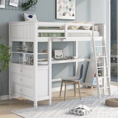 Wooden Twin Loft Bed with Desk, Drawers, Shelves, Space-Saving Design